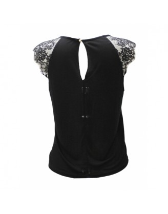 Black top with lace sleeves and imitation leather